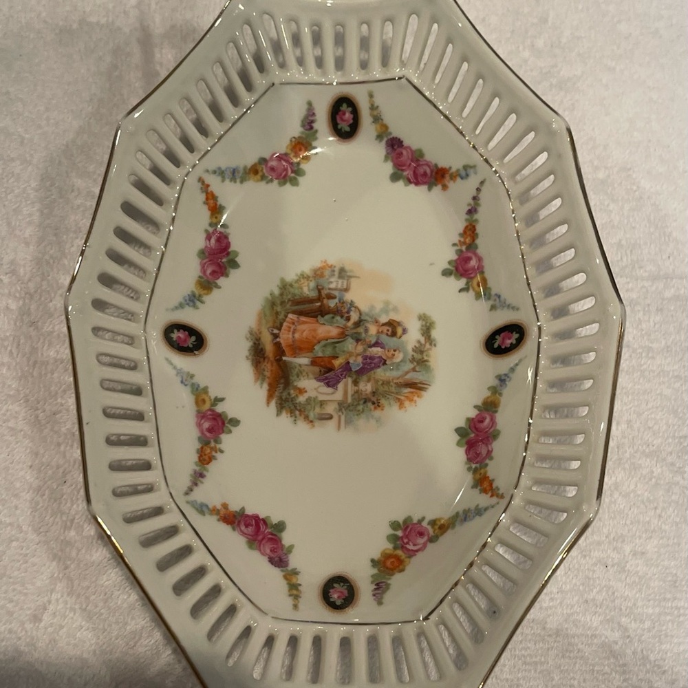 Vintage Reticulated Elegant Floral Porcelain with Gold Trim Serving Dish